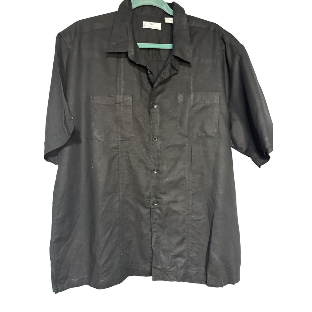 Cafe Luna Mens XL Black Linen Blend Short Sleeve Guayabera Camp Shirt WT3863